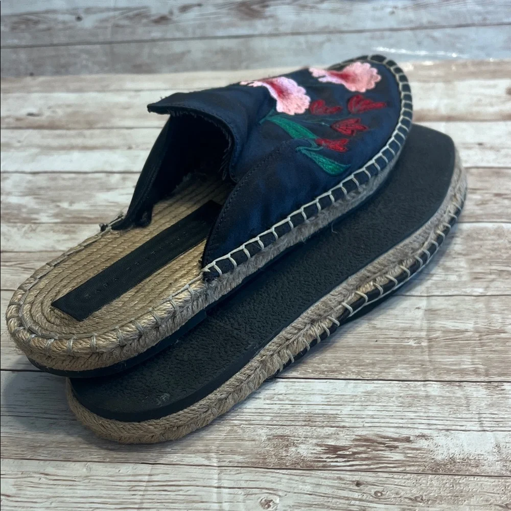 Zara Black Satin Floral Embroidered Espadrilles Size 38
